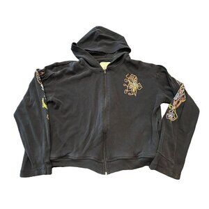 Authentic Vintage Cocoa Black Hooded Jacket with Floral Embroidery XL